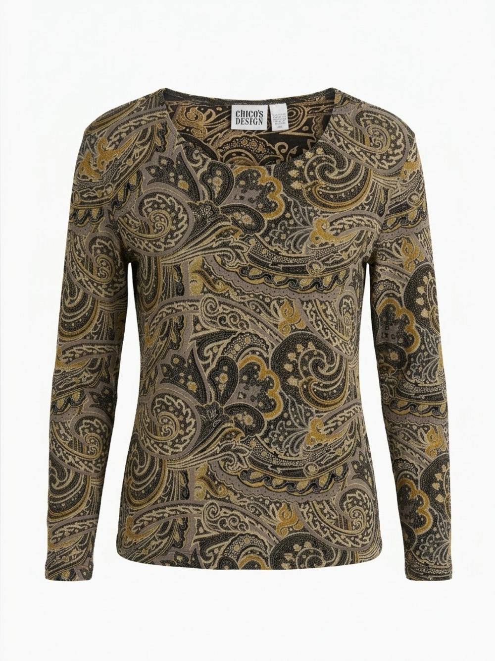 Chico's Olive, Black & Gold Paisley Long Sleeve Top